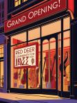Art deco illustration of a jazz storefront announcing the Red Deer Jazz Music Store