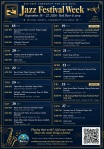 Jazz Festival Week poster, September 18–27, 2026, Red Deer and area: a day-by-day list of festival events and community live music, with a QR code to the listings.